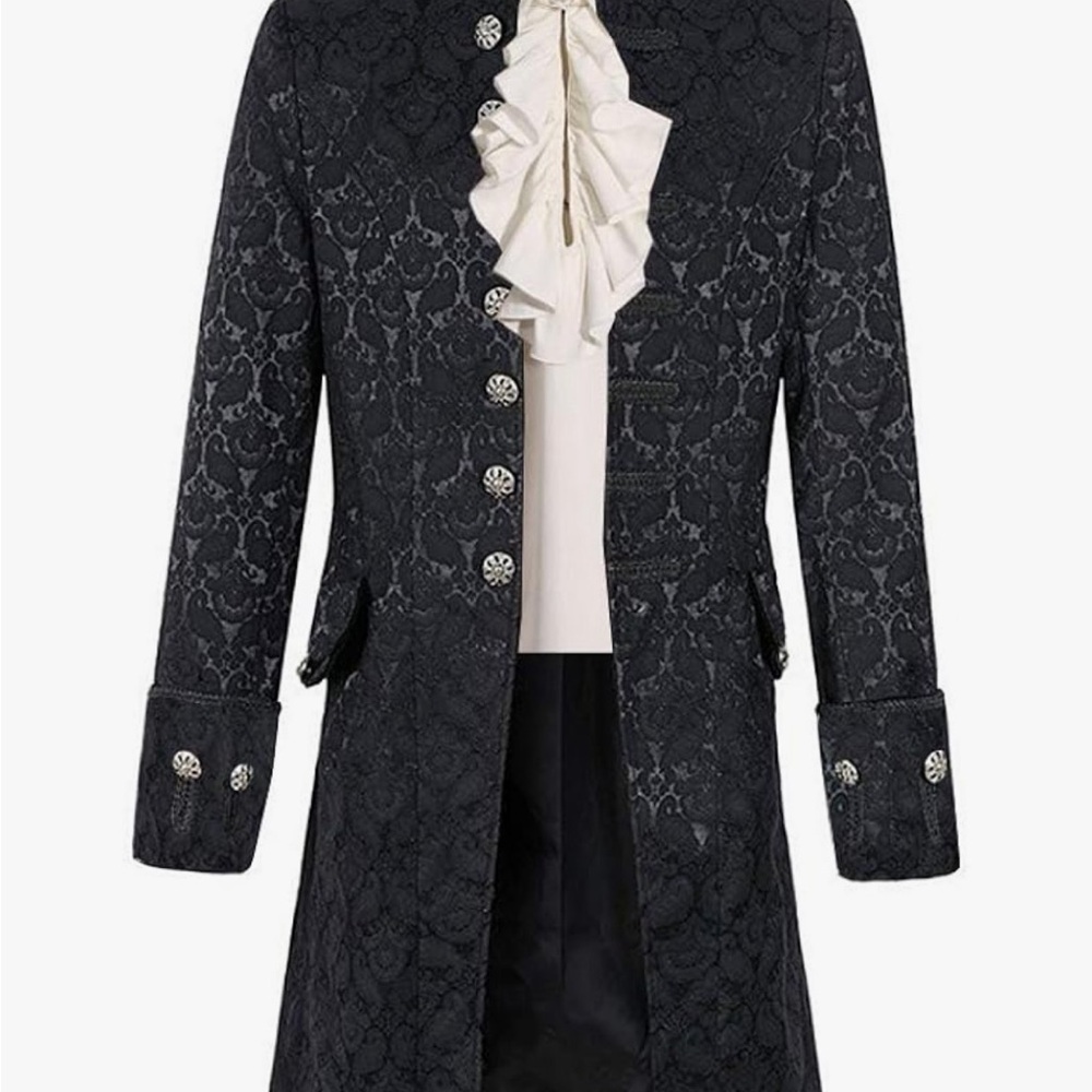 Men's Elegant Black Brocade Trench Coat Halloween